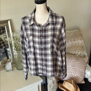 Lucky brand, button-down, boxy patch pocket cream, lilac plaid shirt L